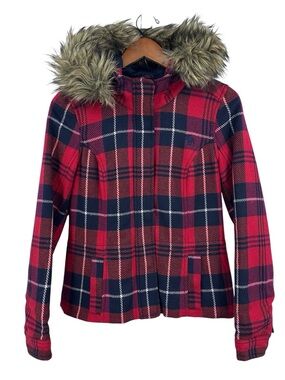 ABERCROMBIE FITCH Plaid Jacket Zip Snap Button and Faux Fur Hood